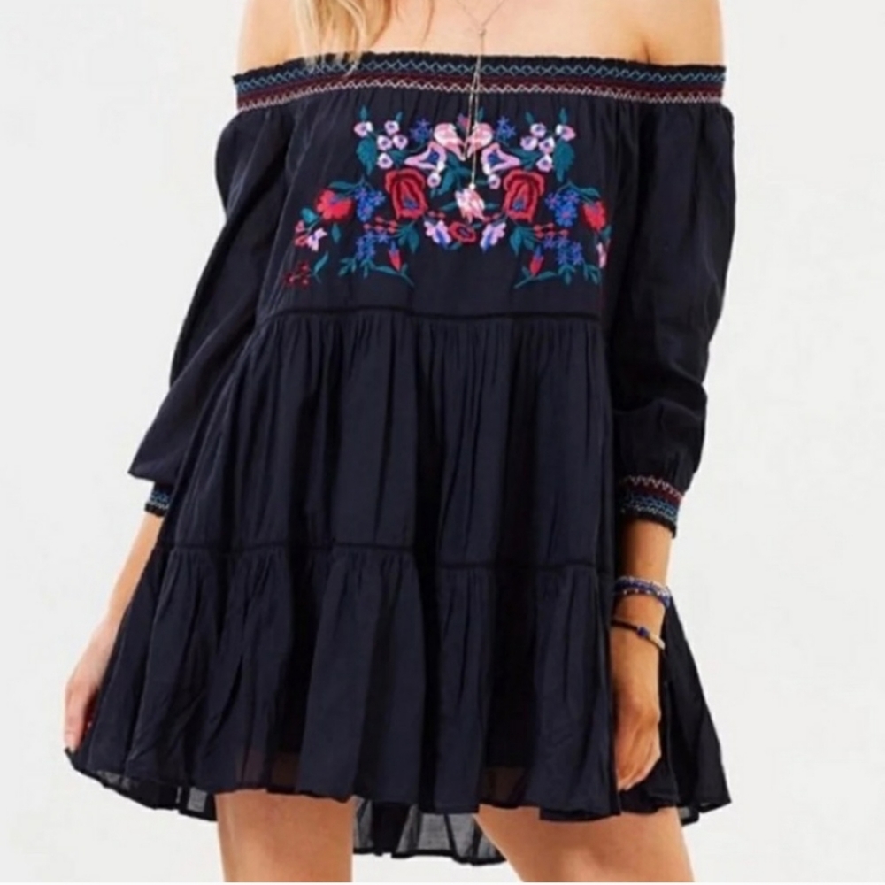 Free People Black Embroidered Dress NWT